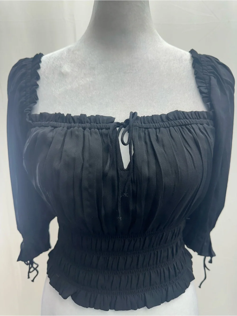 Abercrombie & Fitch Black Smocked Peasant Blouse with Tie Front S